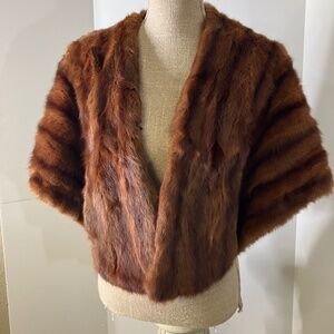 Vintage 1940-1950  brown mink fur stole cape brown lining and leather gloves MED